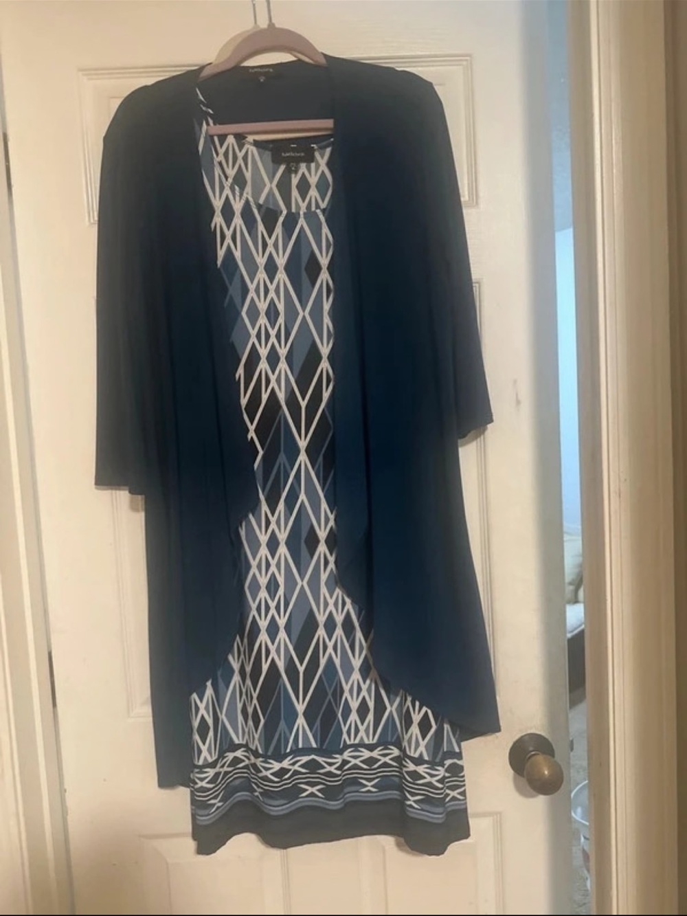 R&M Richards Navy and White Open-Front Cardigan with Patterned Dress